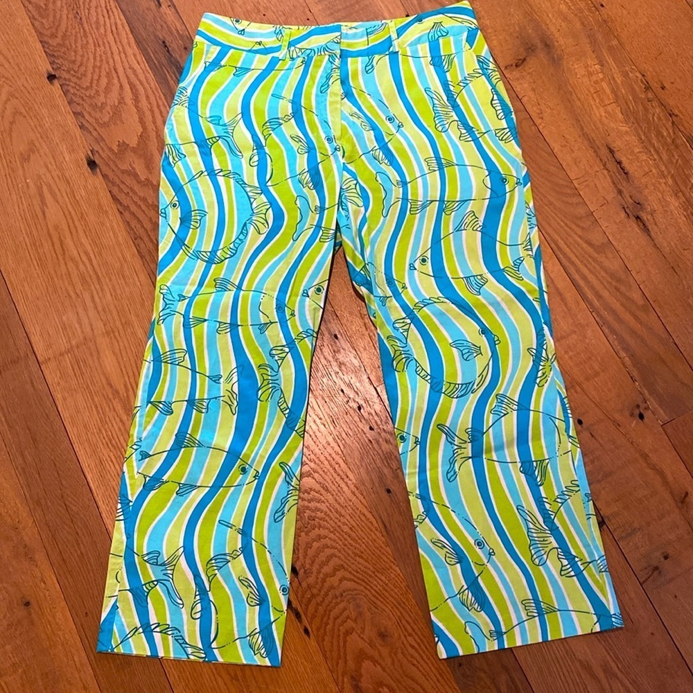 Lilly Pulitzer Vtg White Tag Fish Print Crop Pant Size 10 Green Blue Funky Retro